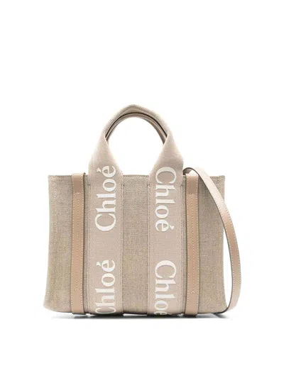 Chloé Small Woody Logo-strap Tote Bag In Beige