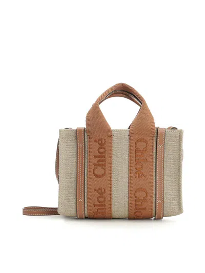 Chloé Woody Mini Linen Tote Bag In Brown