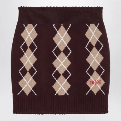 Chloé Bordeaux Diamond-pattern Wool Miniskirt In Brown