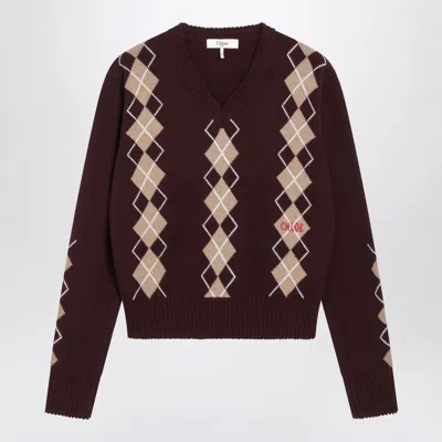 Chloé Bordeaux Diamond-pattern Wool Sweater In Brown