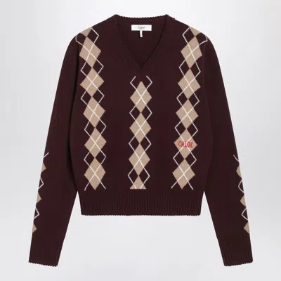 CHLOÉ BORDEAUX DIAMOND-PATTERN WOOL SWEATER