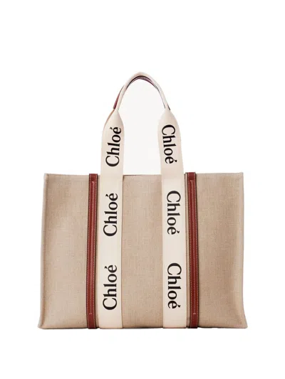 Chloé Large Woody Tote Bag In Linen In Nude
