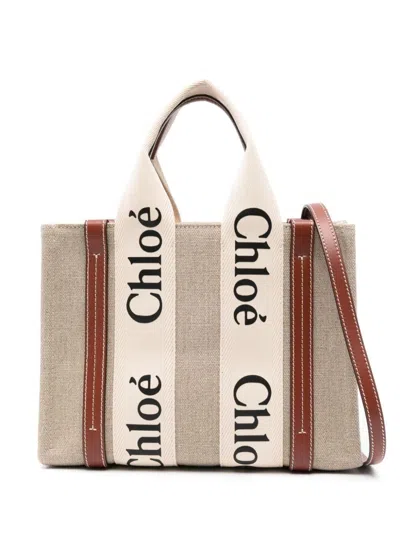 Chloé Small Woody Tote Bag In Linen In Nude & Neutrals