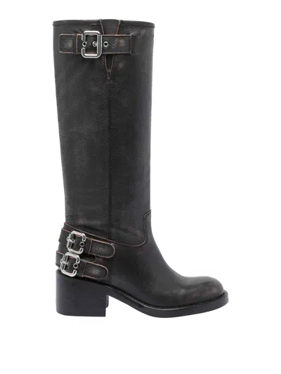 Chloé Dakota Burnished Leather Knee-high Moto Boots In Black