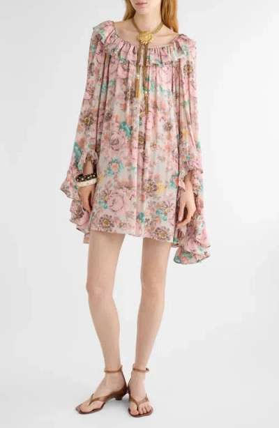 CHLOÉ CHLOÉ BOUQUET PRINT LONG SLEEVE SILK CRÊPE DE CHINE MINIDRESS