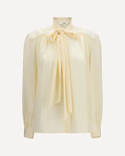Chloé Bow Blouse With Embroidered Shoulders In White