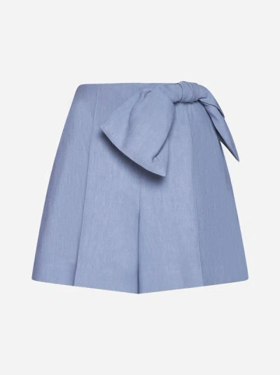 Chloé Bow Detail Linen Shorts In Pebble Blue