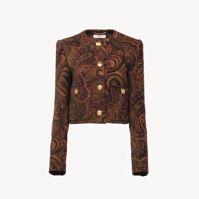 CHLOÉ BOXY COLLARLESS JACKET IN TAPESTRY JACQUARD MULTICOLOR SIZE 16 42% VISCOSE, 30% POLYESTER, 28% COTTO