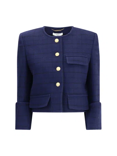 Chloé Women Boxy Jacket In Wool Plaid In Blue