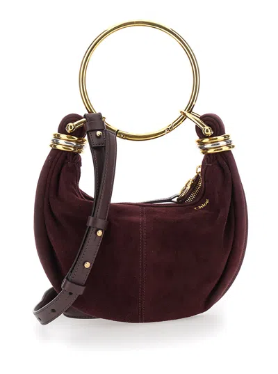 Chloé 'small Bracelet' Bordeaux Handbag With Ring Handle And Lettering Logo In Suede Woman In Multicolor