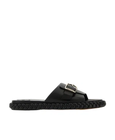 Chloé Braided-sole Leather Slides In Black