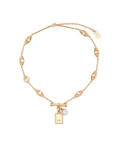 CHLOÉ BRASS & RESIN PEARLS CHOCKER NECKLACE,CH26SJN02BRE 7ZN GOLD AND PEARLY