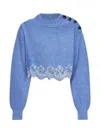 Chloé Breezy Blue Merino Wool Knit Cropped Sweater With Lace Insert