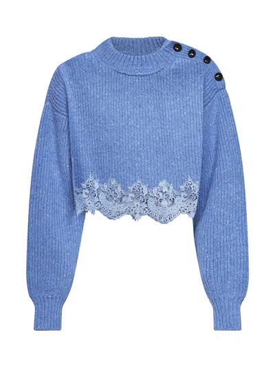 Chloé Breezy Blue Merino Wool Knit Cropped Sweater With Lace Insert