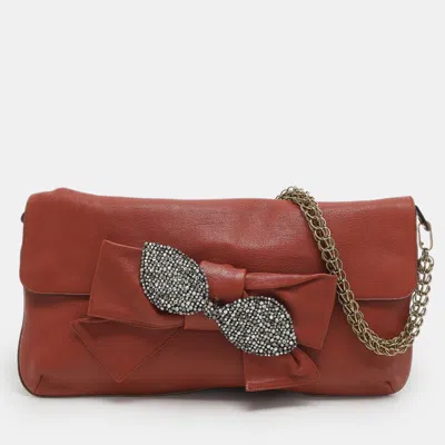 Pre-owned Chloé Brick Leather Crystal Bow Embellished Chain Bag In Red