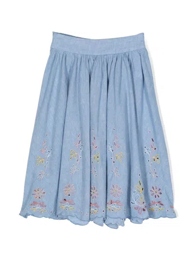 Chloé Kids' Broderie-anglaise Chambray Skirt In Blue