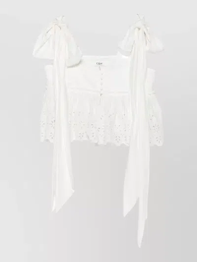 Chloé Broderie Anglaise Cropped Top Bow Detail In White