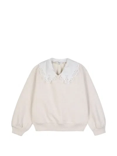 Chloé Kids' Broderie-anglaise Collar Sweater In Brown