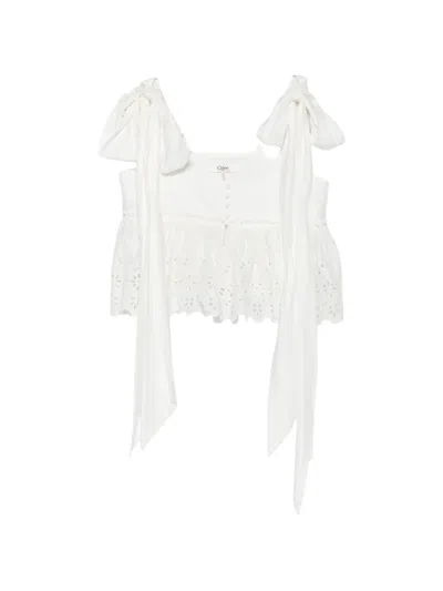 Chloé Broderie-anglaise Tie-fastening Top In White