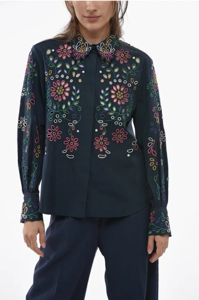 Chloé Broidarie Anglase Shirt With Floral Motif In Blue
