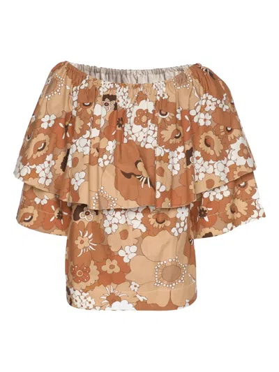 Pre-owned Chloé Off-shoulder Floral Top In Brown
