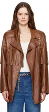 Chloé Brown Belted Fringed Leather Jacket In 26m Clay Brown