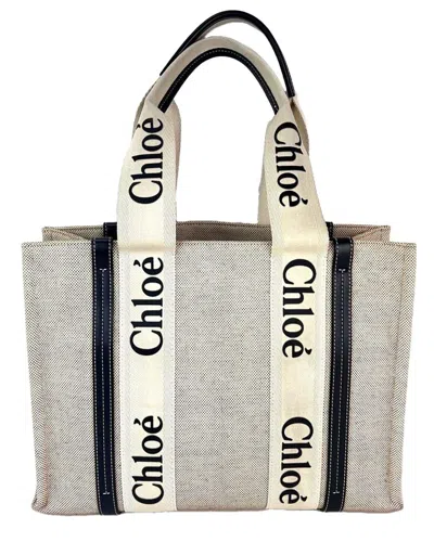 CHLOÉ CHLOÉ BROWN CANVAS WOODY RIBBON MEDIUM TOTE (AUTHENTIC PRE-LOVED)