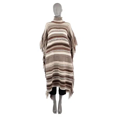 Pre-owned Chloé Chloe Brown Cashmere 2021 Fringed Striped Turtleneck Knit Poncho Jacket S