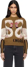 Chloé Hand Knit Flamingo Intarsia Wool Crewneck Sweater In Brown