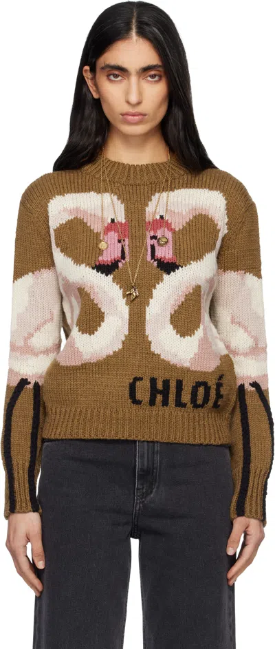 CHLOÉ BROWN CREW-NECK LOGO WOOL KNIT SWEATER