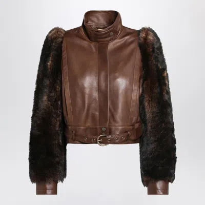 CHLOÉ CHLOÉ BROWN CROPPED LEATHER AND SHEARLING JACKET