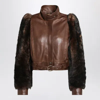 CHLOÉ CHLOÉ BROWN CROPPED LEATHER AND SHEARLING JACKET WOMEN