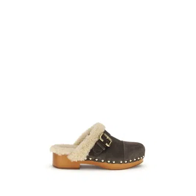 Chloé Brown Fur Clogs In Multi