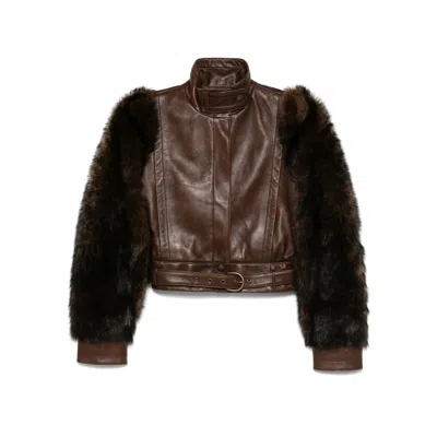 Chloé Brown Cropped Leather And Shearling Jacket Women