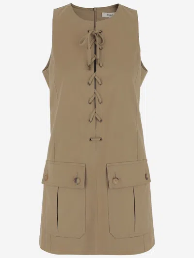 CHLOÉ BROWN LACE-UP COTTON MINI DRESS