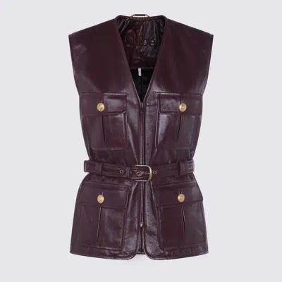 Chloé Leather Belted Waist Sleeveless Jacket In Burgundy