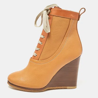 Pre-owned Chloé Brown Leather Lace Up Wedge Ankle Boots Size 37.5