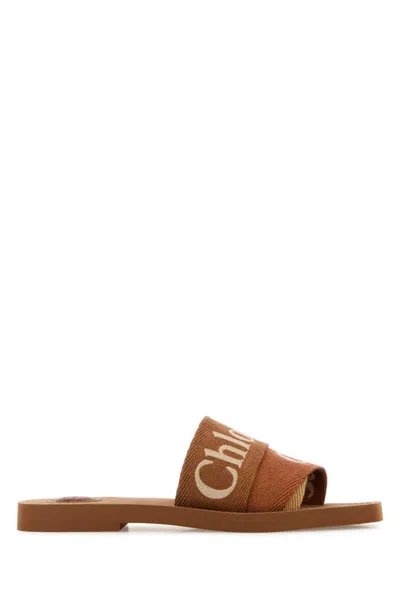 CHLOÉ WOMEN BROWN LOGO WOODY SANDALS, 6.5 LUXURY SANDALS & FLOATERS FOR WOMEN DARVEYS