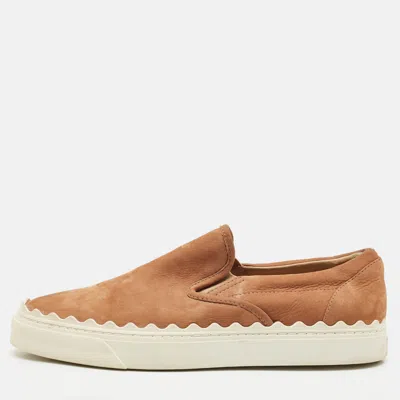 Pre-owned Chloé Brown Nubuck Leather Ivy Scallop Slip On Sneakers Size 40