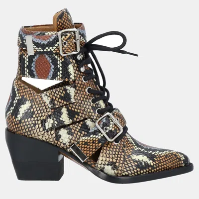 Pre-owned Chloé Brown Python Embossed Leather Rylee Ankle Boots Size 35.5