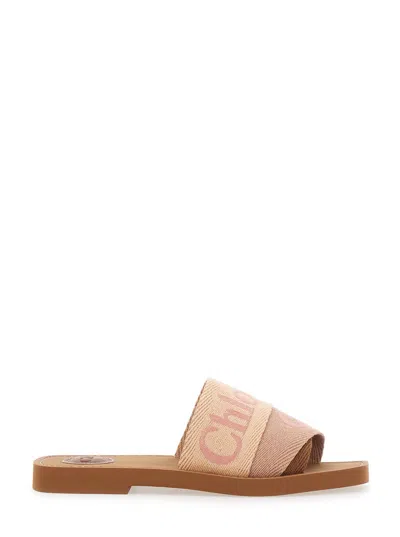 Chloé Brown Sandals With Square Toe And Logo Lettering On The Front In Linen Blend Woman