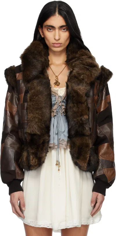 Chloé Brown Short Hybrid Leather Bomber Jacket