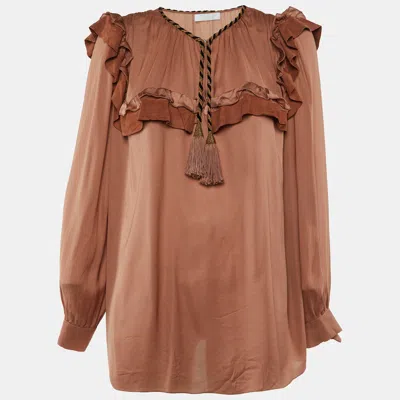 Pre-owned Chloé Brown Silk Ruffle Suede Trim Top M