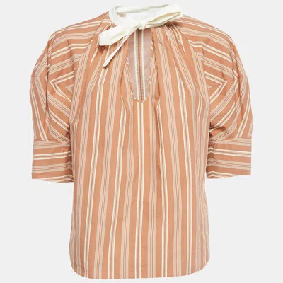 Pre-owned Chloé Brown Stripe Print Silk Neck Tie Up Top M