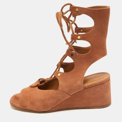 Pre-owned Chloé Brown Suede Caged Tie Up Ghillie Wedge Sandals Size 39