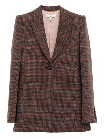 CHLOÉ BROWN TAILORED CHECKED WOOL BLAZER