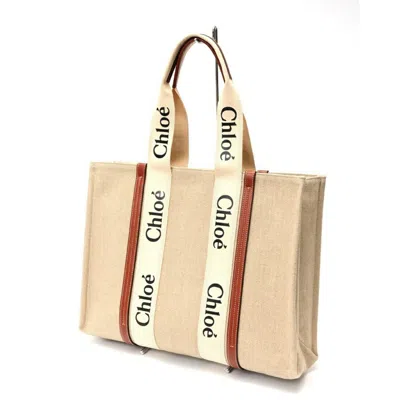 Pre-owned Chloé Brown White Linen Tote Bag () In Multi