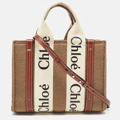 Pre-owned Chloé Brown/beige Wool And Leather Small Woody Tote