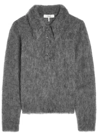 Chloé Chloe Brushed Knit Wool-blend Polo Top In Gray
