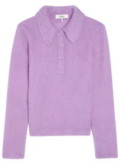 Chloé Chloe Brushed Knit Wool-blend Polo Top In Purple